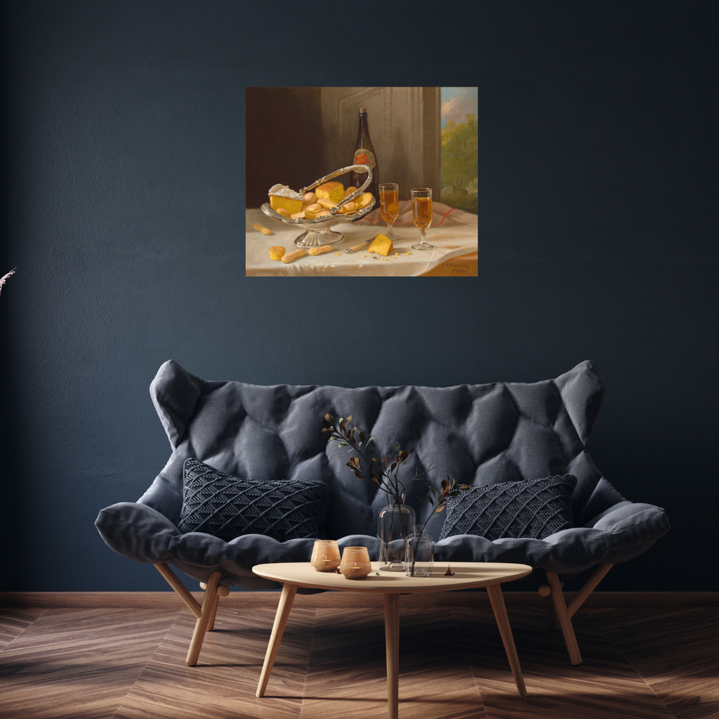 Living room with a dark gray sofa, wooden coffee table, and a painting of a still life scene on the wall.