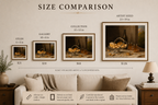 Size comparison chart for art prints displayed in a living room setting.