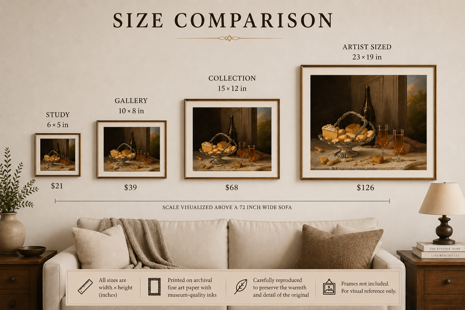 Size comparison chart for art prints displayed in a living room setting.