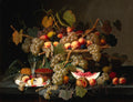 Still life painting of fruits and grapes on a table with a dark background