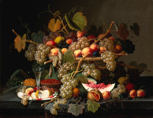 Still life painting of fruits and grapes on a table with a dark background