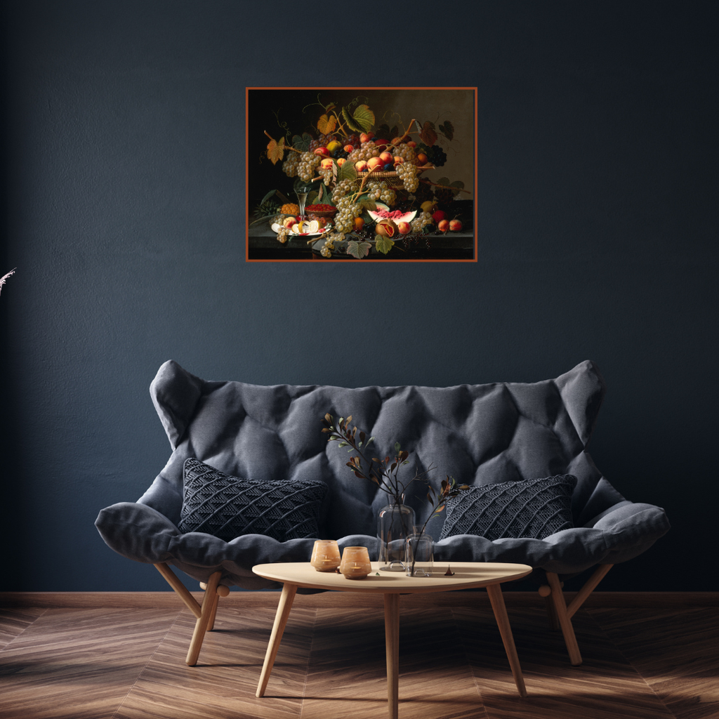 Living room with a dark gray sofa, wooden coffee table, and framed still life painting on the wall.