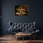 Living room with a dark gray sofa, wooden coffee table, and framed still life painting on the wall.