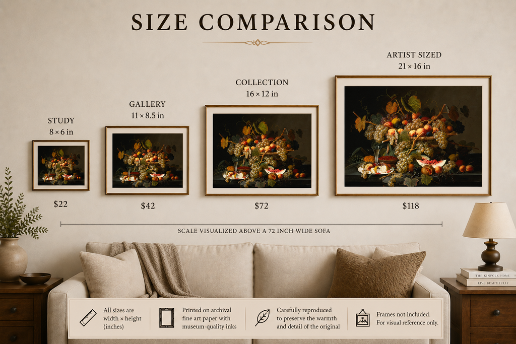 Size comparison chart for framed artworks with prices on a living room background.