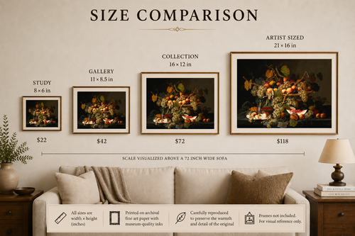 Size comparison chart for framed artworks with prices on a living room background.