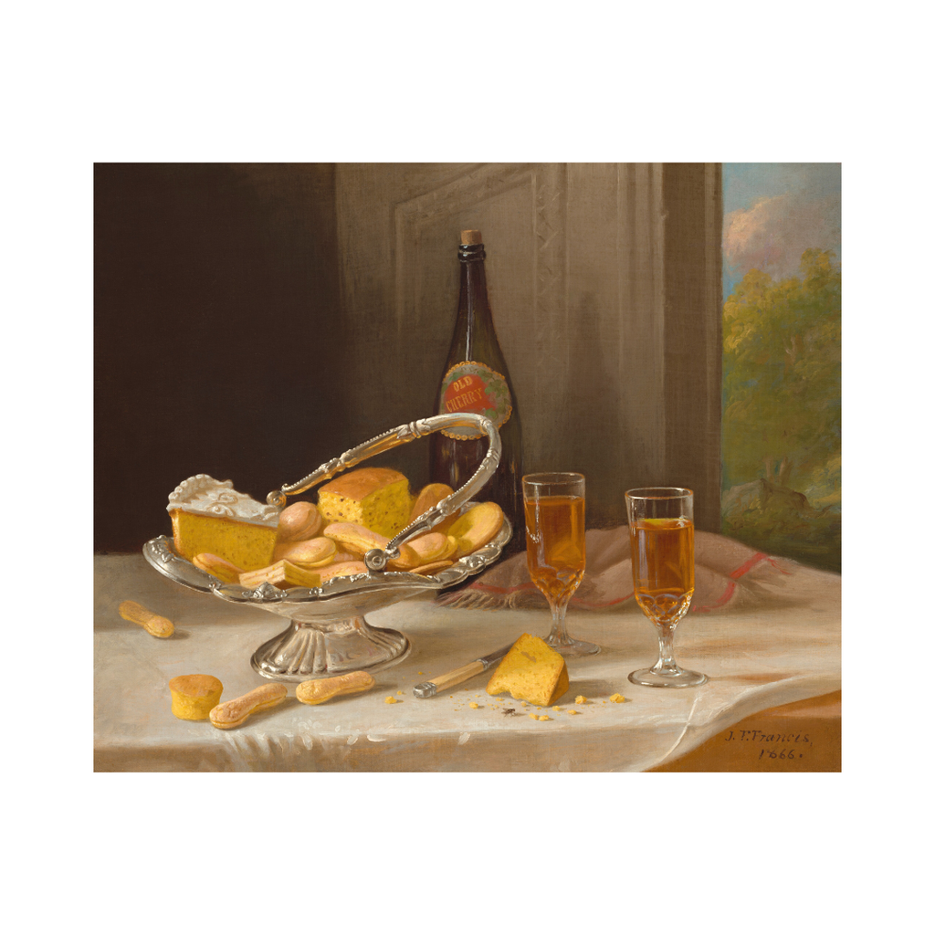 Still life painting of cheese, wine, and glasses on a table with a window in the background.