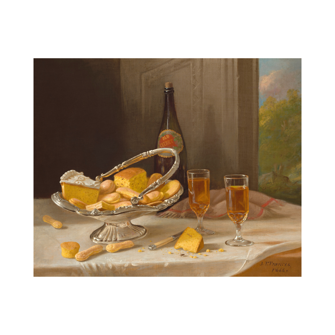Still life painting of cheese, wine, and glasses on a table with a window in the background.