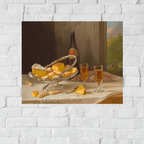 Still life painting with bread, wine, and glasses on a table against a white brick wall.