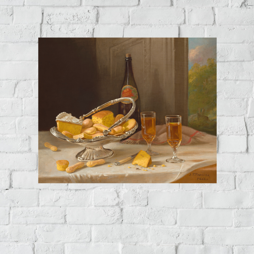 Still life painting with bread, wine, and glasses on a table against a white brick wall.