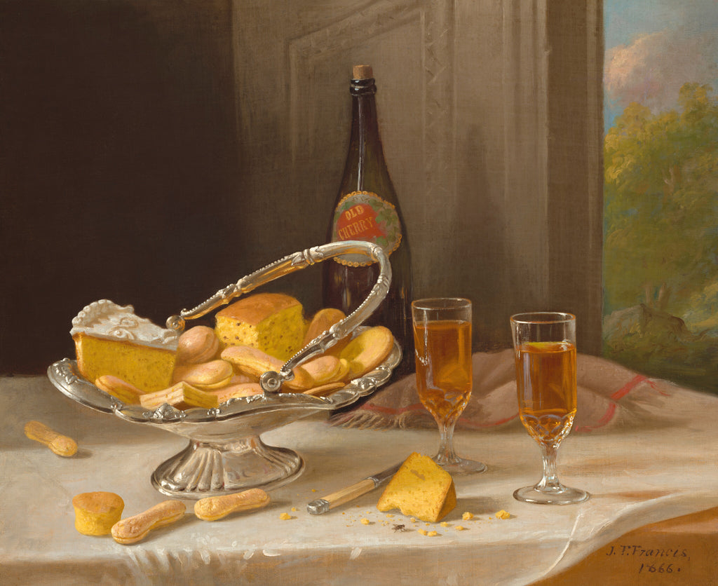 Still life painting of a table with pastries, a bottle, and glasses on a neutral background