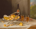 Still life painting of a table with pastries, a bottle, and glasses on a neutral background